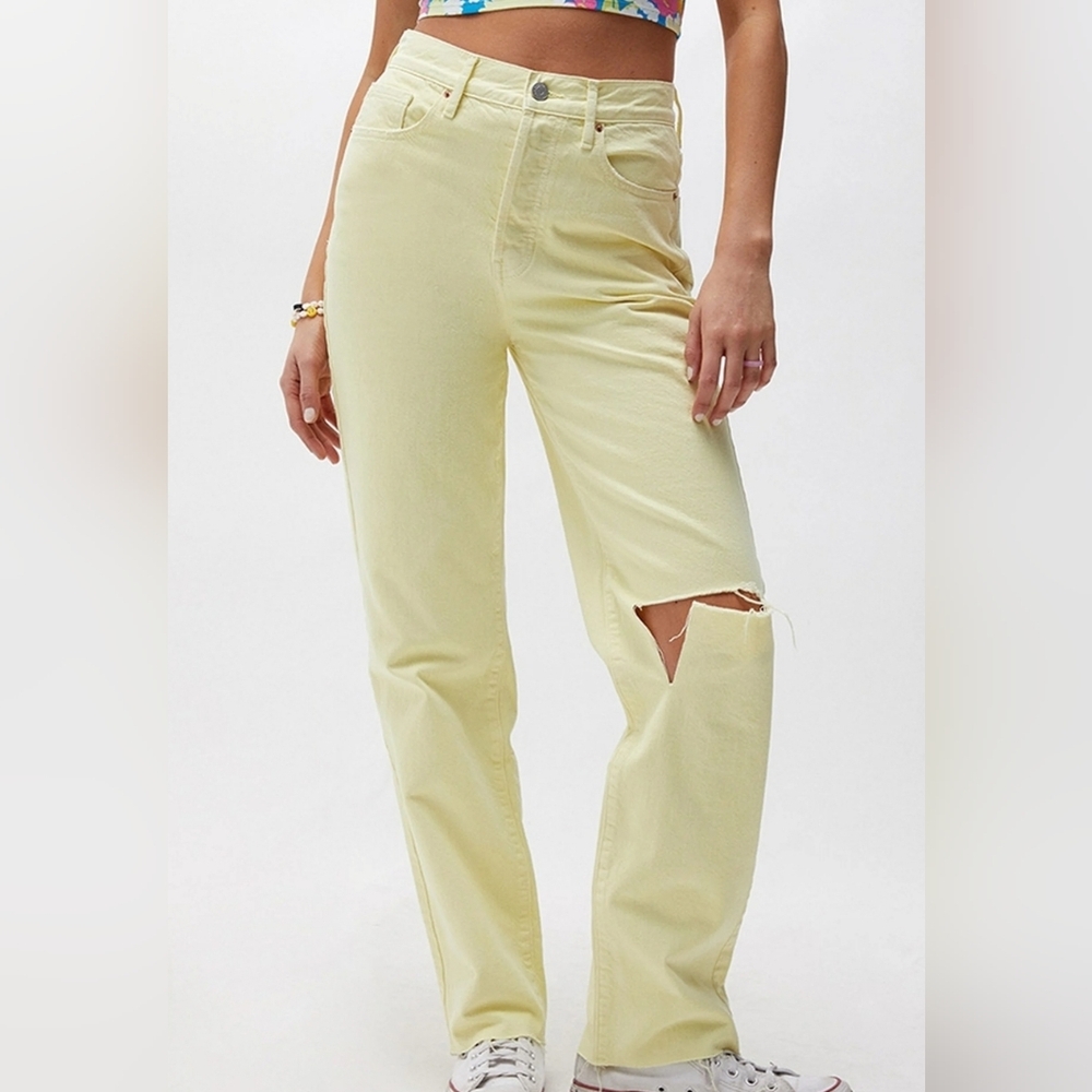 Pacsun Eco Yellow Distressed Denim Dad Jeans 100% Cotton Straigt Legs Size 27